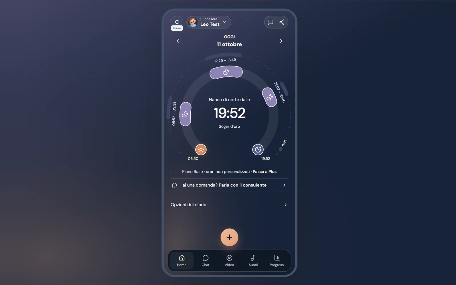 Schermata dell’app Moonby con il diario del sonno del bambino